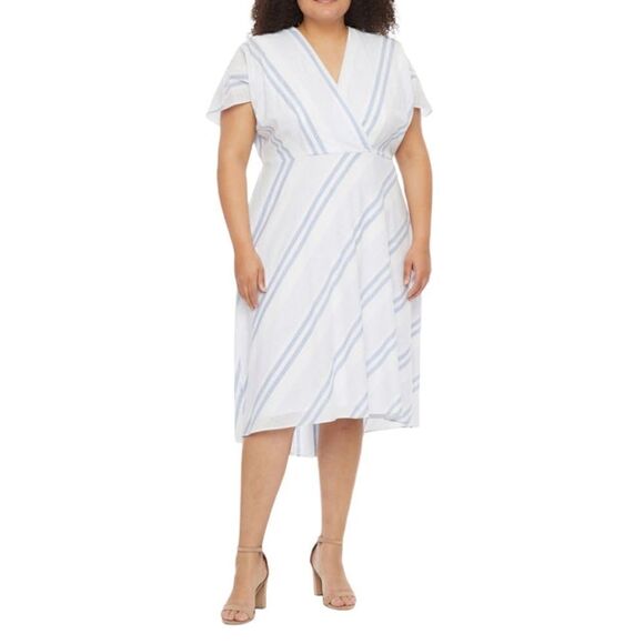 Studio I White And Blue Stripes Short Sleeve V-Neck Dress, Size 14, NWT - Picture 1 of 7